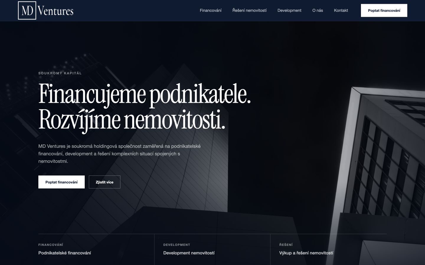 Desktopová podoba homepage MD Ventures